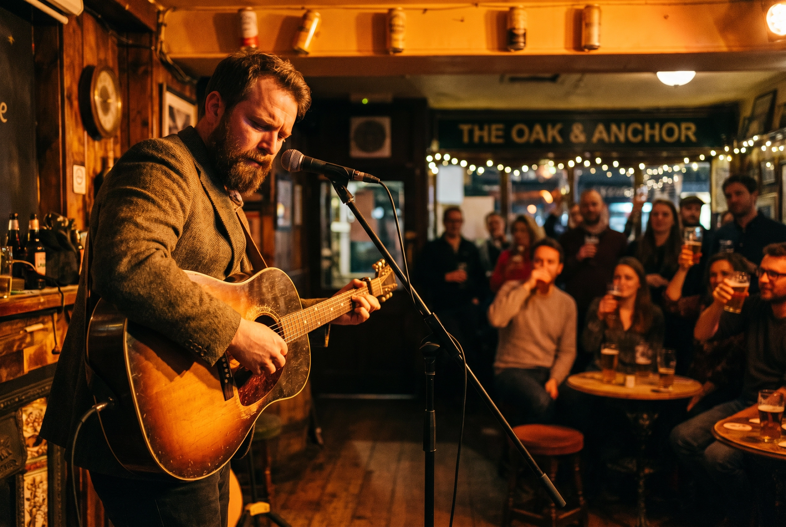 A guitarist performing cover songs for pub customers